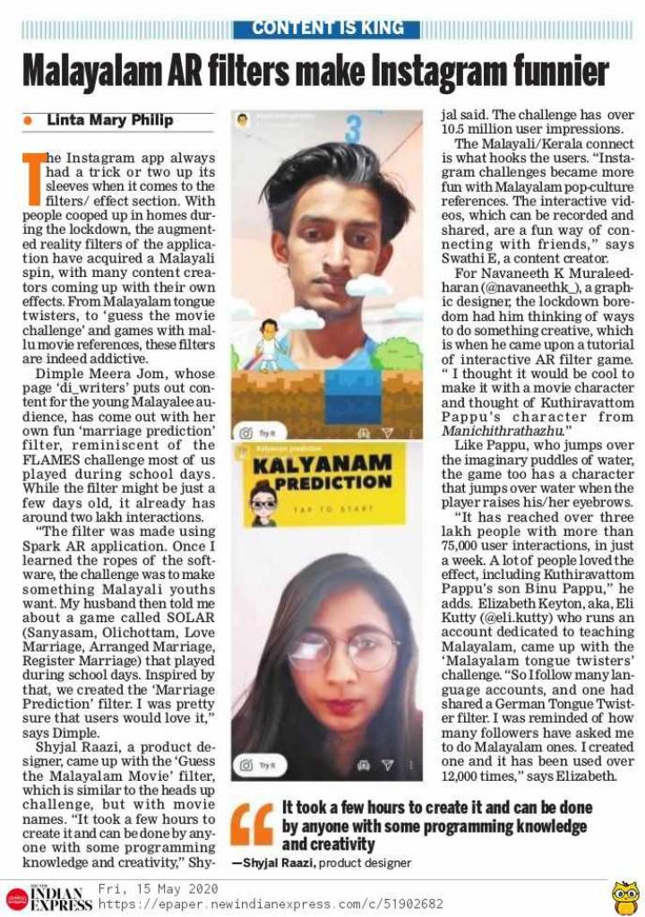 Instagram filters got featured in The Indian Express.